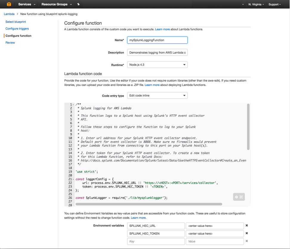 Screen shot of the Configure function page.