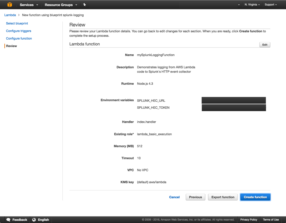 Screen shot of an AWS Lambda function successful creation page.